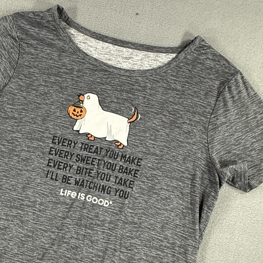 Life Is Good Shirt Womens Medium Gray Short‎ Sleeve Halloween Dog "Every Treat"